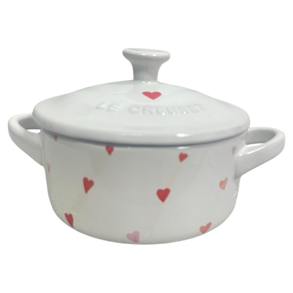 Le Creuset Valentines Mini Cocotte Stoneware White with Hearts Decals 10cm